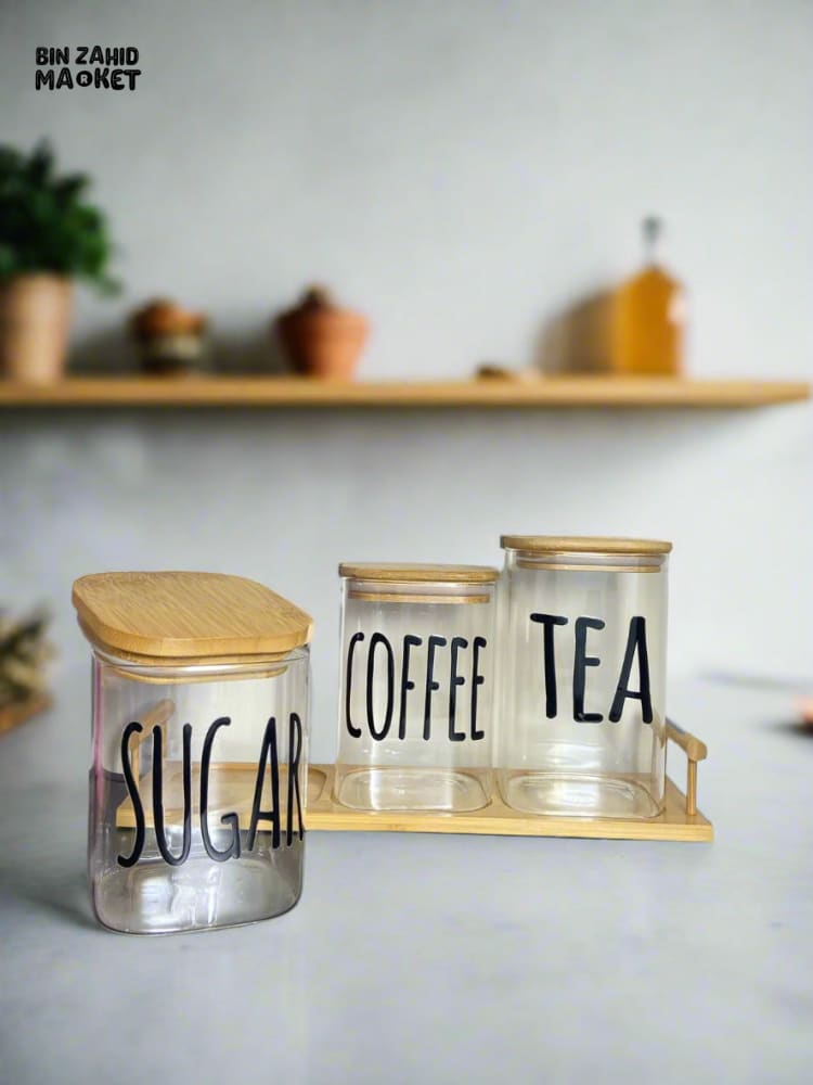 CLEAR GLASS JARS WITH BAMBOO LIDS LABELED FOR TEA SUGAR AND COFFEE — PERFECT FOR AN ORGANIZED AND MODERN KITCHEN LOOK - RECTANGLE SHAPE