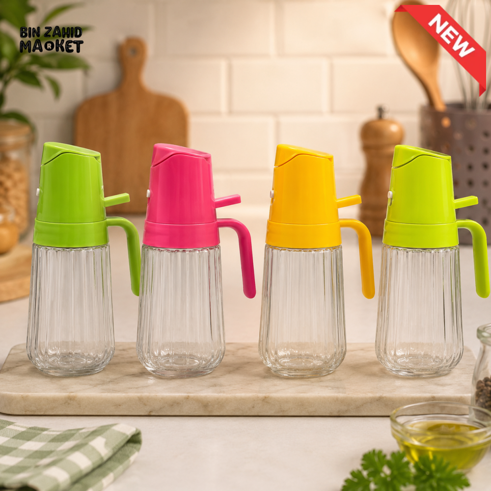 CLEAR GLASS OIL DISPENSER SET – GREEN PINK & YELLOW