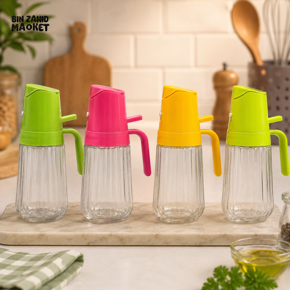 CLEAR GLASS OIL DISPENSER SET – GREEN PINK & YELLOW