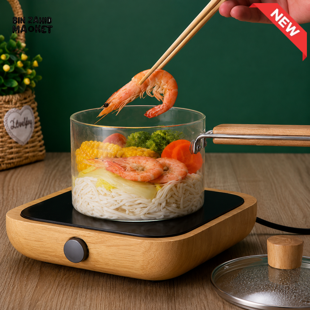 CLEAR GLASS SAUCEPAN WITH WOODEN HANDLE AND GLASS LID
