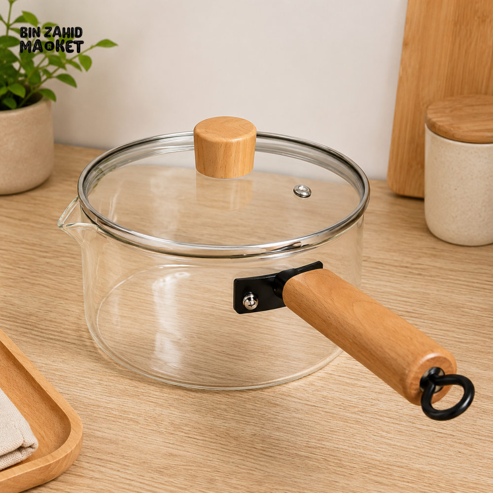 CLEAR GLASS SAUCEPAN WITH WOODEN HANDLE AND GLASS LID