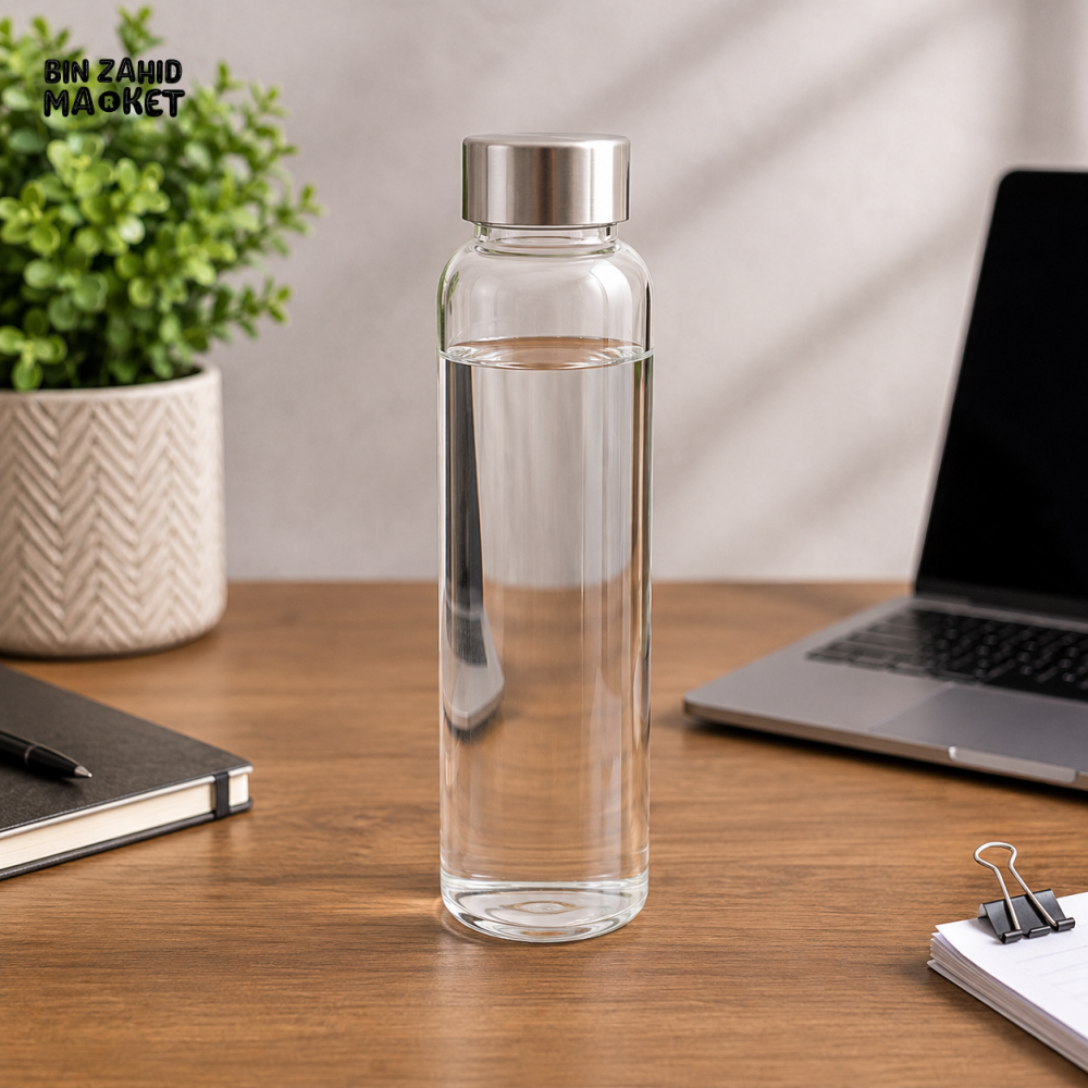 CLEAR GLASS WATER BOTTLE WITH STAINLESS STEEL LID - Bottles