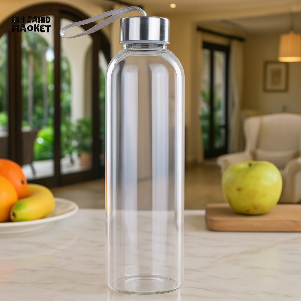 CLEAR GLASS WATER BOTTLE WITH STEEL LID – LUXURY VILLA TABLETOP DISPLAY 500ML
