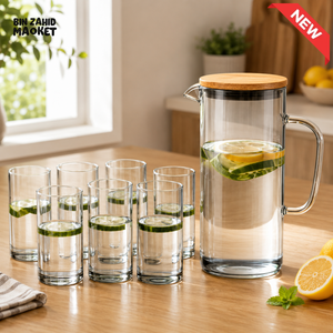 CLEAR GLASS WATER PITCHER SET WITH 6 DRINKING GLASSES & ROUND BAMBOO TRAY - LIGHT BLACK