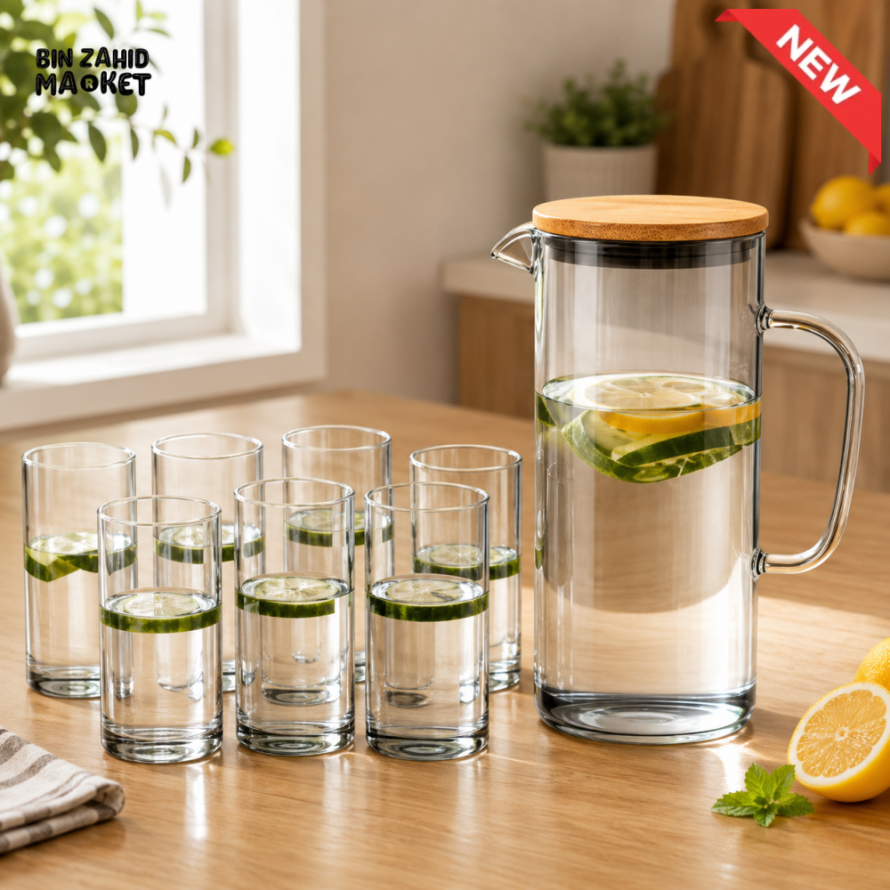 CLEAR GLASS WATER PITCHER SET WITH 6 DRINKING GLASSES & ROUND BAMBOO TRAY - LIGHT BLACK