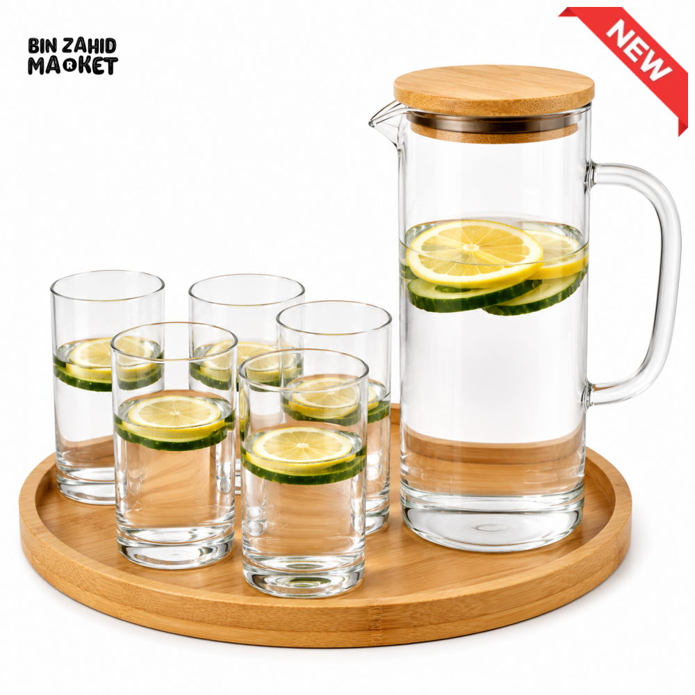 CLEAR GLASS WATER PITCHER SET WITH 6 DRINKING GLASSES & ROUND BAMBOO TRAY - WHITE