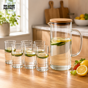 CLEAR GLASS WATER PITCHER SET WITH 6 DRINKING GLASSES & ROUND BAMBOO TRAY - WHITE