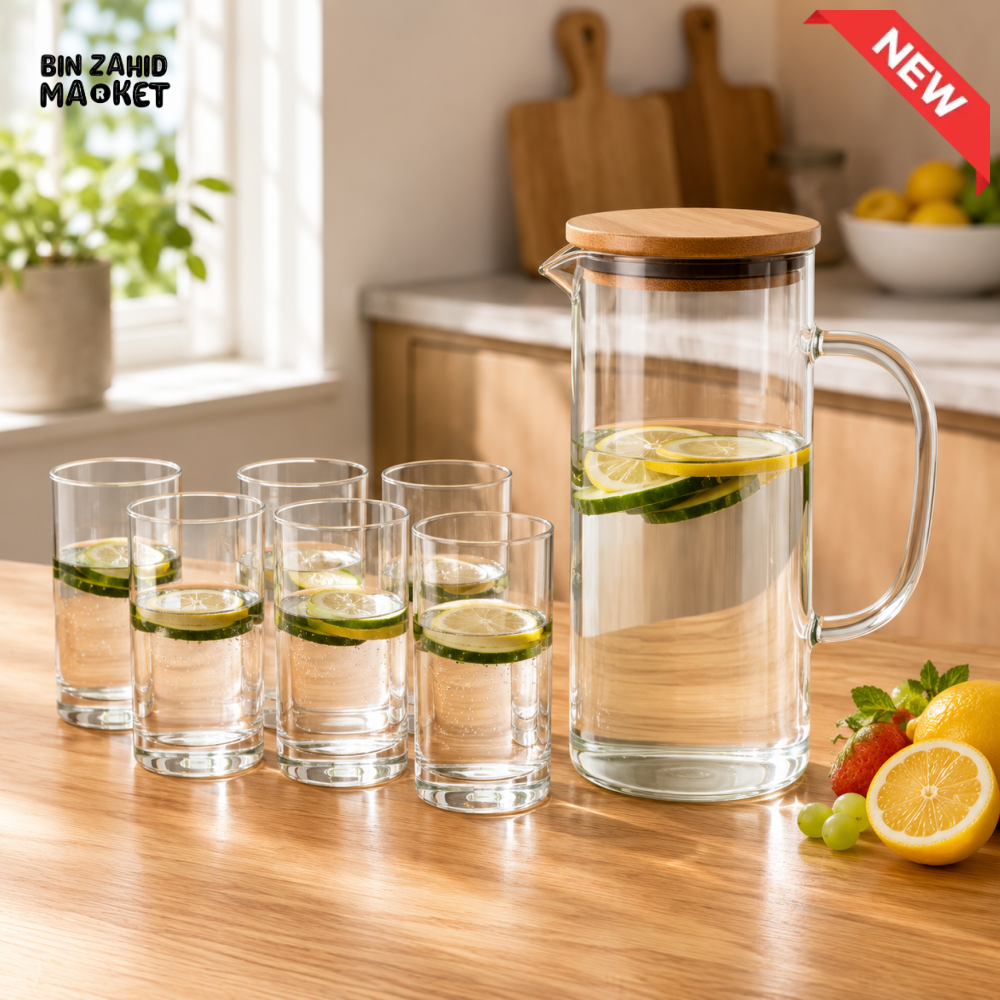 CLEAR GLASS WATER PITCHER SET WITH 6 DRINKING GLASSES & ROUND BAMBOO TRAY - WHITE