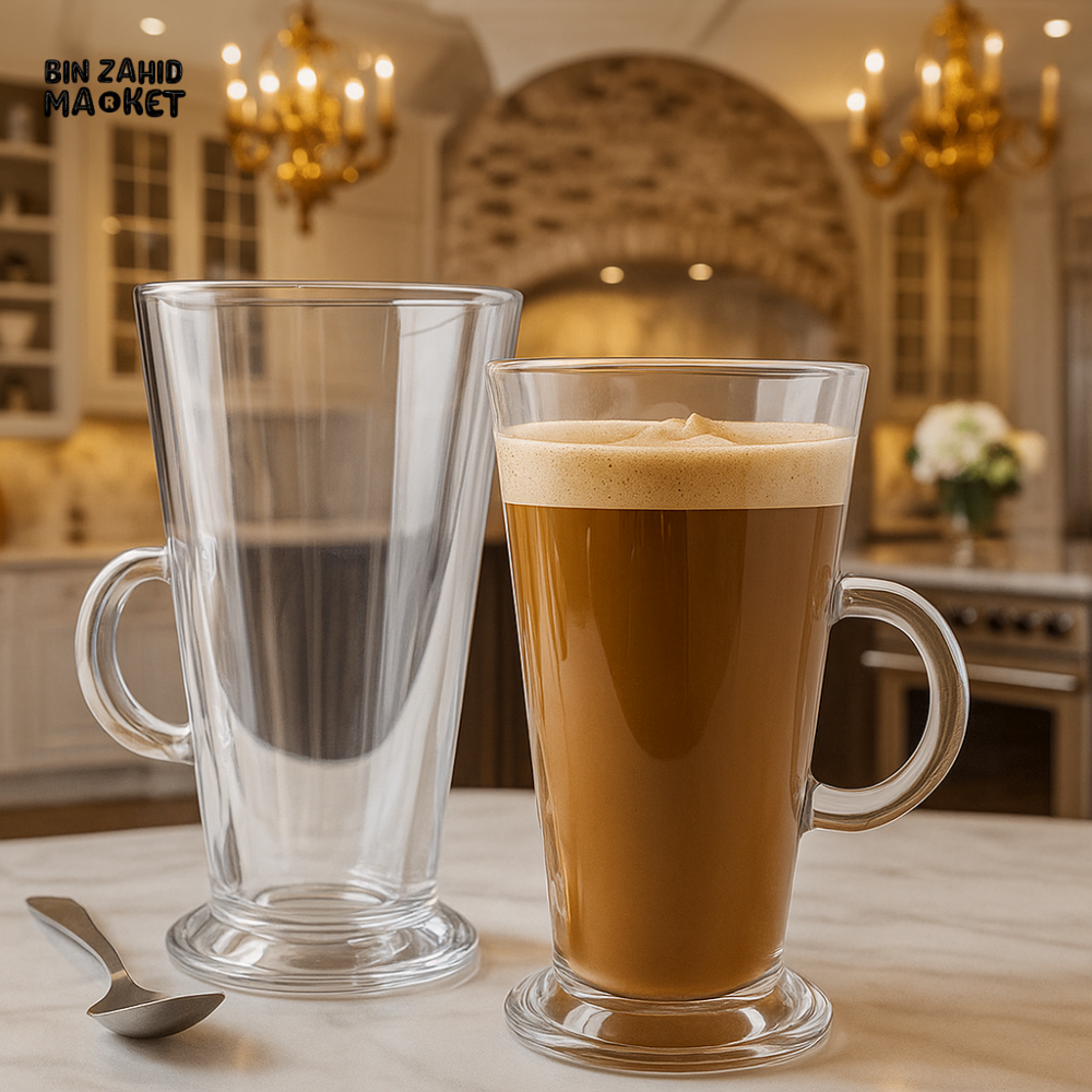 CLEAR LATTE GLASS MUG SET – TALL HEAT-RESISTANT COFFEE CUPS WITH HANDLE FOR HOT & COLD BEVERAGES – LUXURY KITCHEN STYLE – 4PIECE