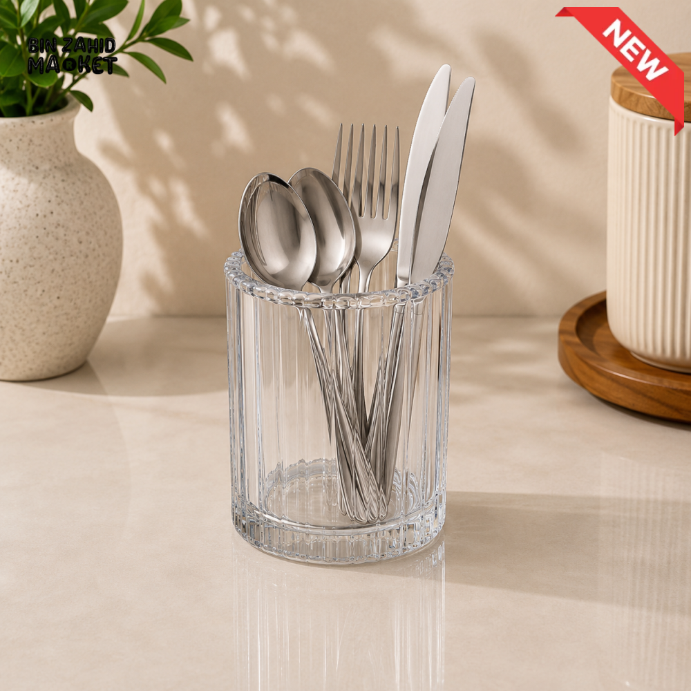 CLEAR RIBBED SPOON AND CUTLERY HOLDER