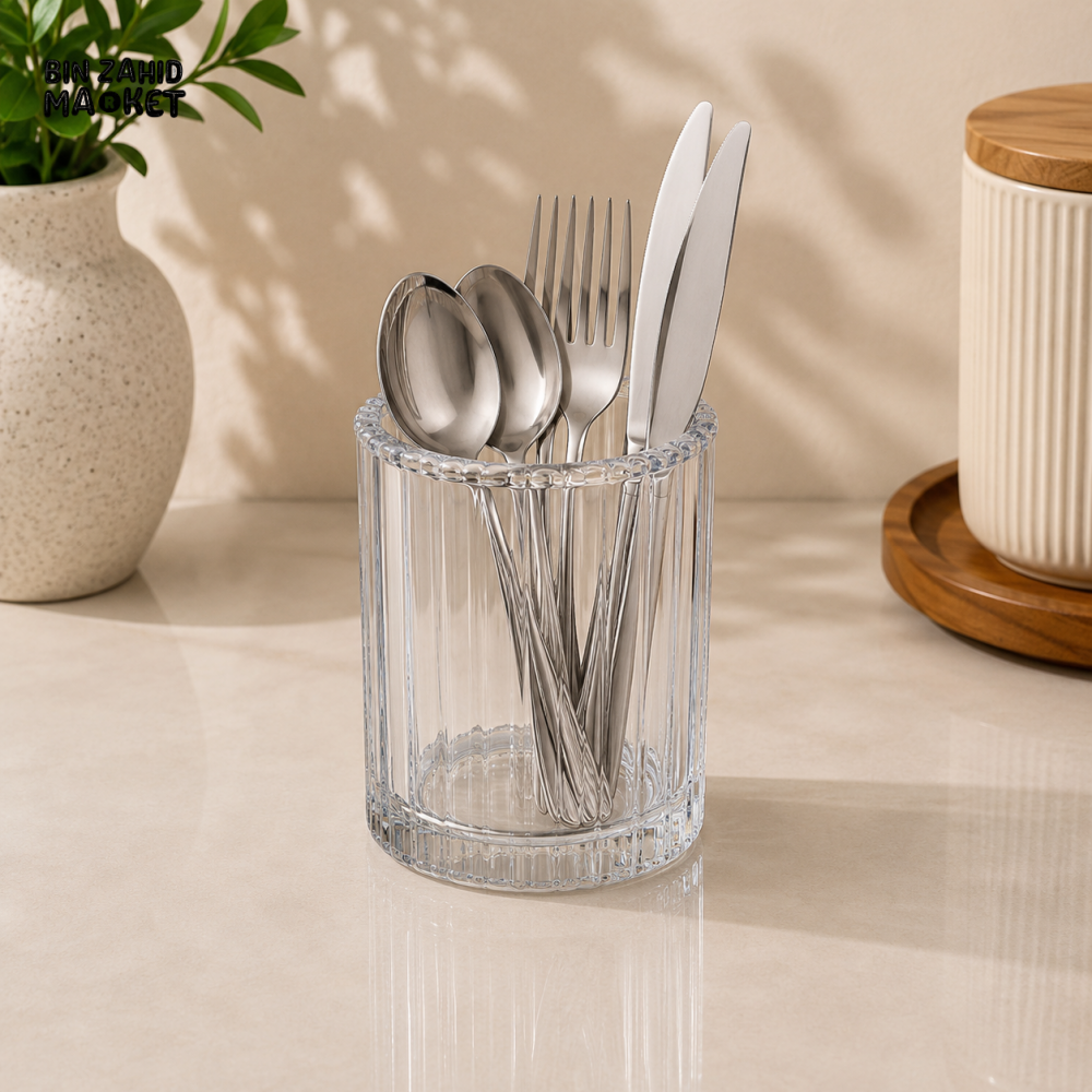 CLEAR RIBBED SPOON AND CUTLERY HOLDER