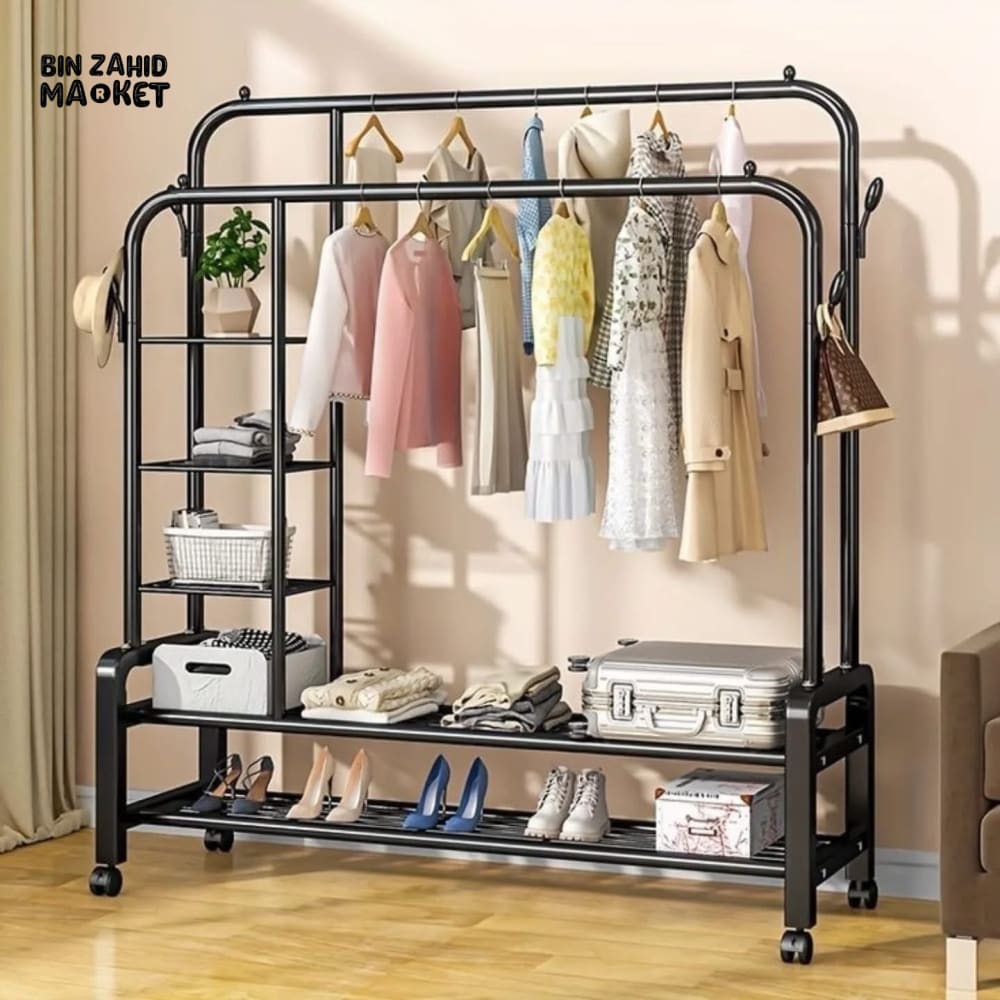 CLOTHES RACK DUAL POLE MOVABLE WARDROBE STAND WITH SHELVES & COAT STORAGE