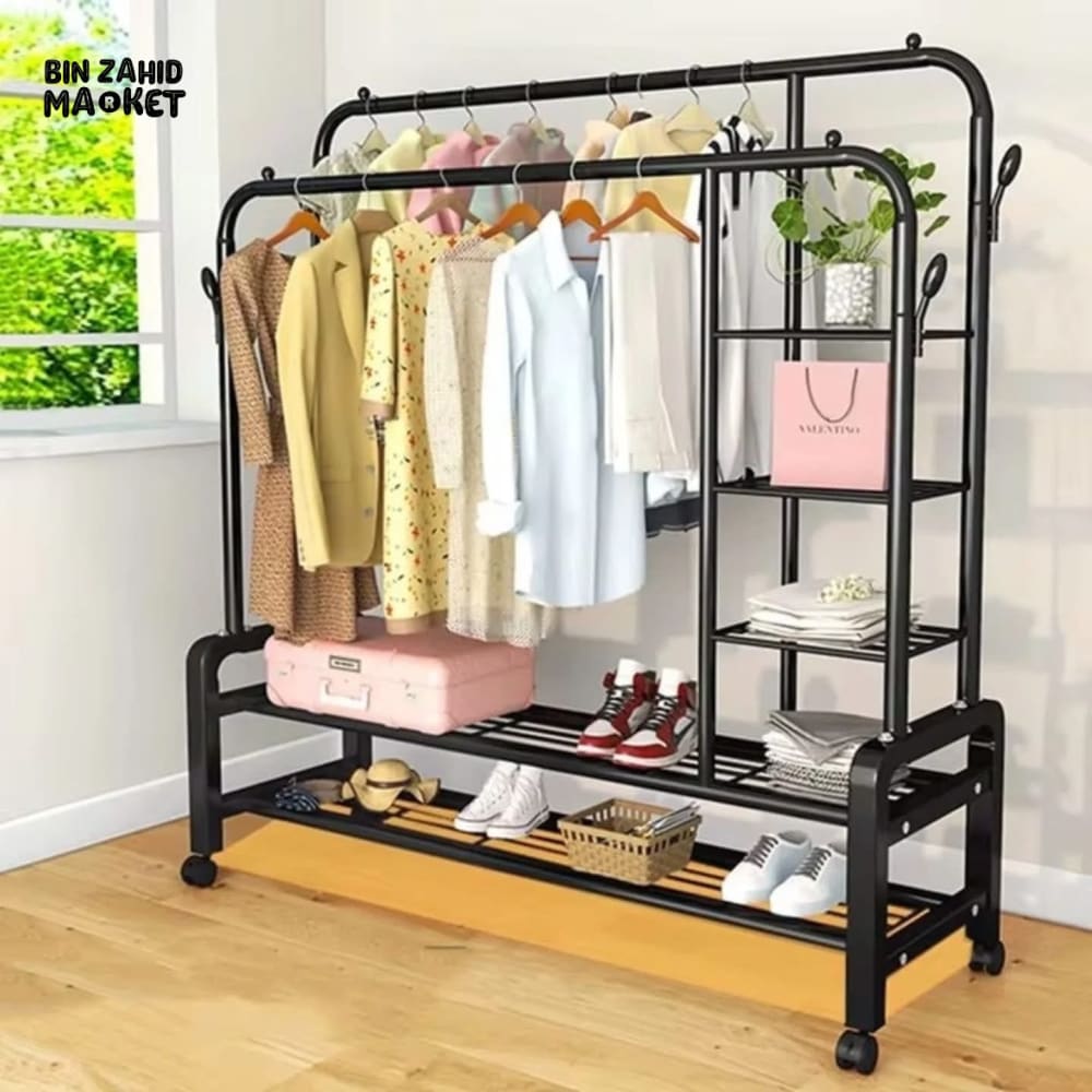 CLOTHES RACK DUAL POLE MOVABLE WARDROBE STAND WITH SHELVES & COAT STORAGE