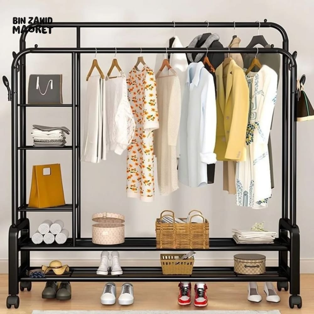 CLOTHES RACK DUAL POLE MOVABLE WARDROBE STAND WITH SHELVES & COAT STORAGE