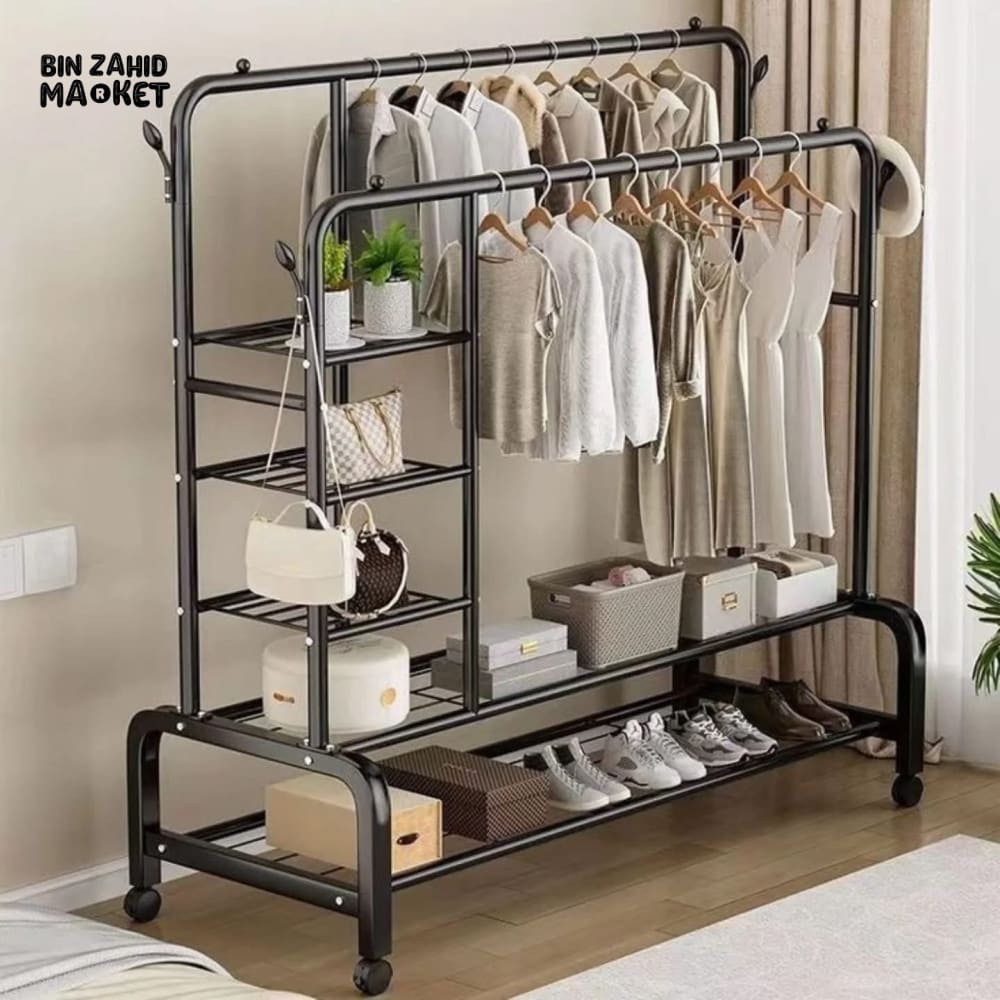 CLOTHES RACK DUAL POLE MOVABLE WARDROBE STAND WITH SHELVES & COAT STORAGE