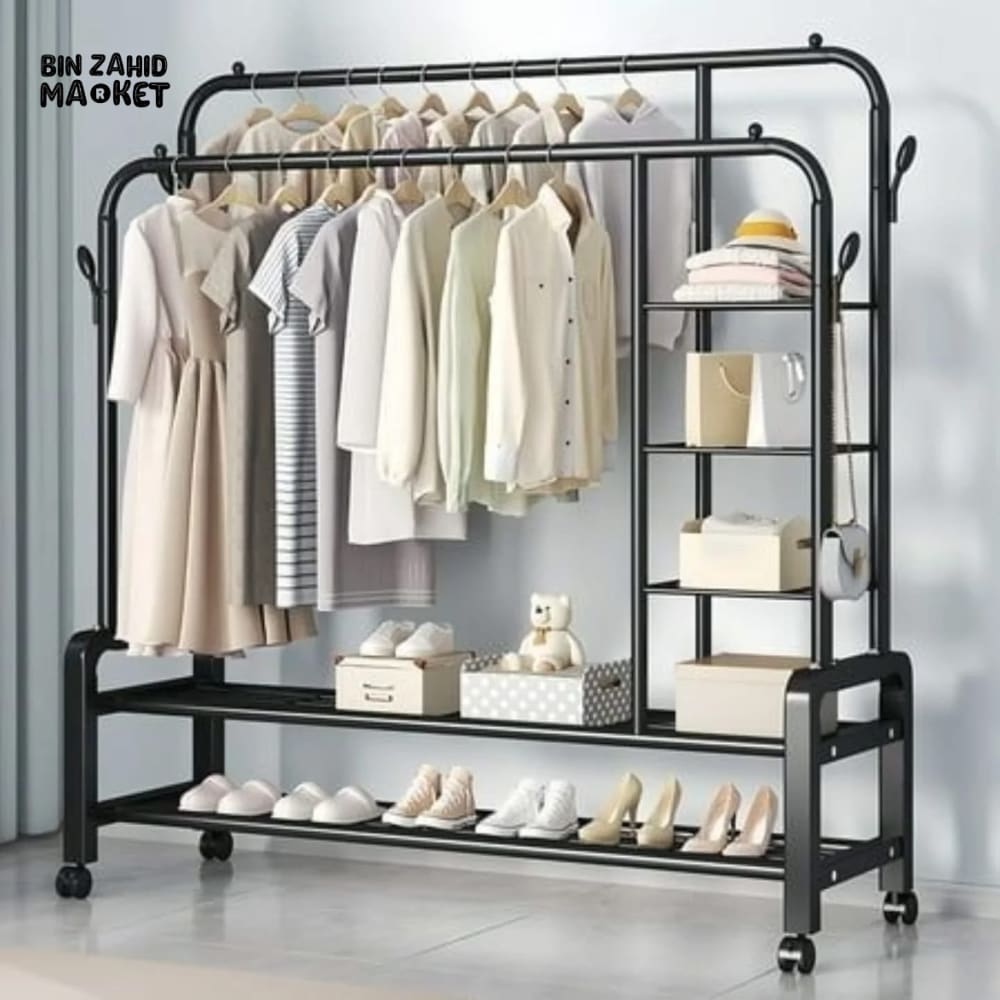 CLOTHES RACK DUAL POLE MOVABLE WARDROBE STAND WITH SHELVES & COAT STORAGE