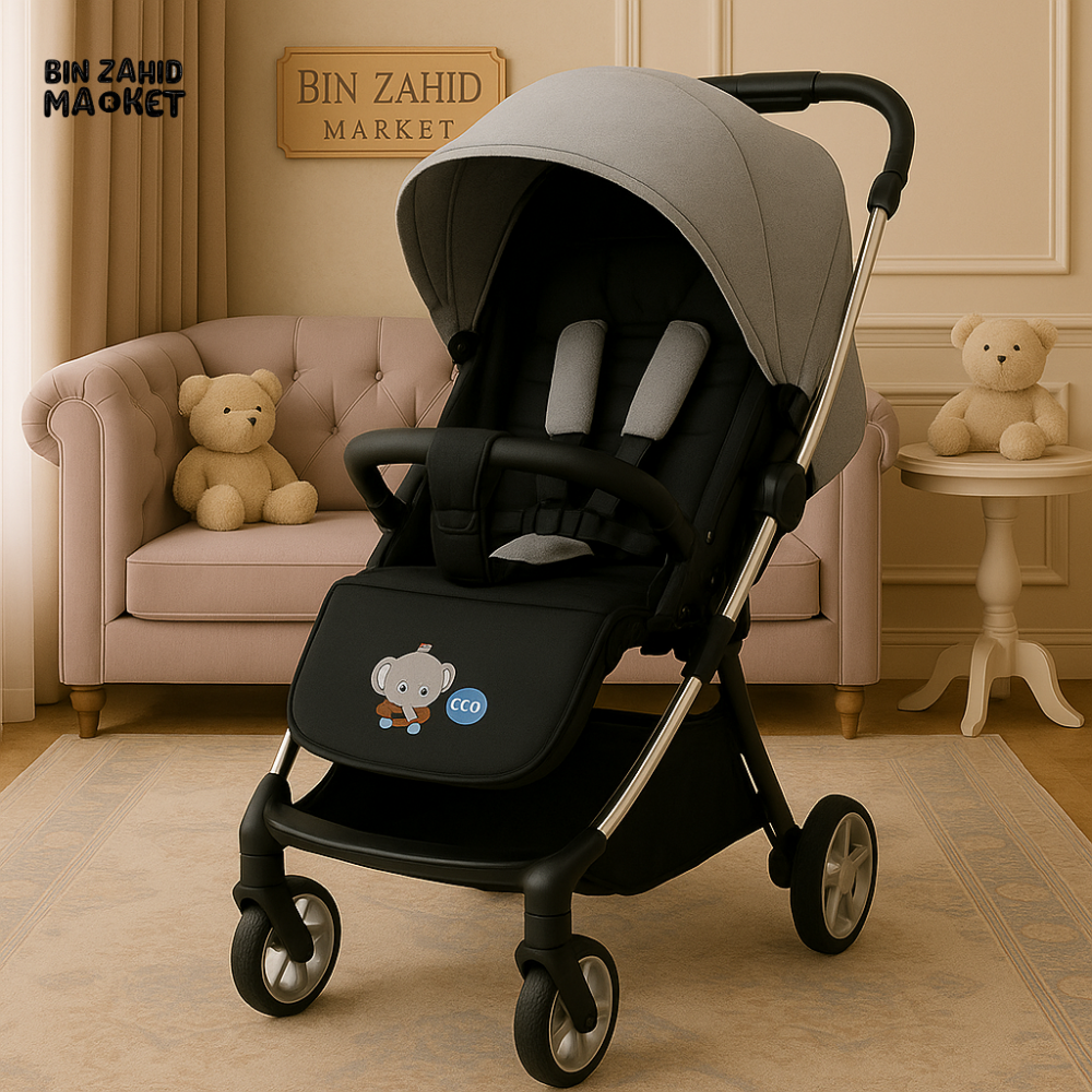 COB GREY & BLACK BABY STROLLER – CARTOON PRINT DESIGN WITH COMFORT SEAT, SAFETY HARNESS & STORAGE BASKET