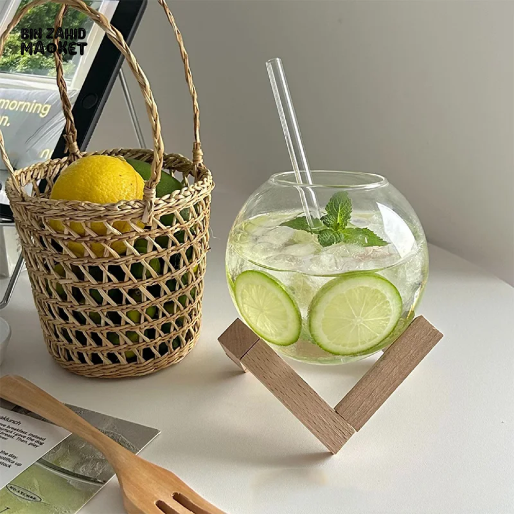 COCKTAIL GLASS CUP WITH WOOD STAND – ROUND BALL TUMBLER BAR GLASSWARE