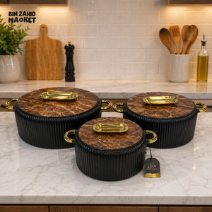 COFFEE BROWN MARBLE CERAMIC CASSEROLE SET WITH GOLD HANDLES – 3 PIECE LUXURY KITCHEN SERVING POTS - BLACK