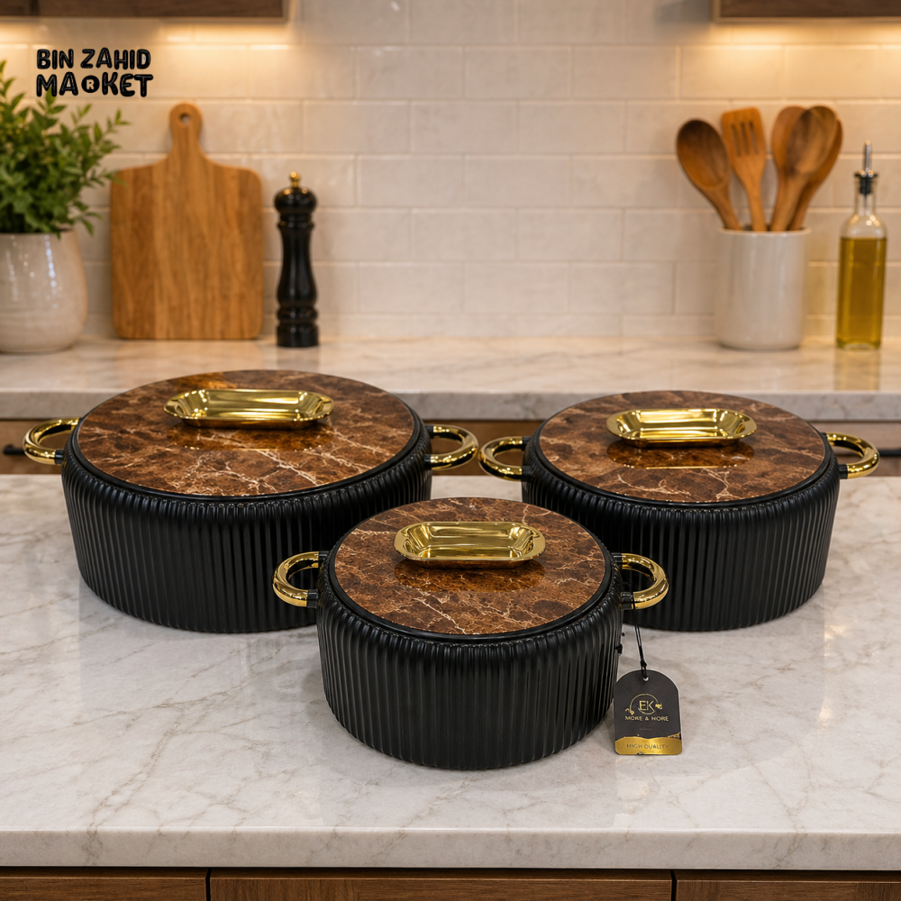 COFFEE BROWN MARBLE CERAMIC CASSEROLE SET WITH GOLD HANDLES – 3 PIECE LUXURY KITCHEN SERVING POTS - BLACK