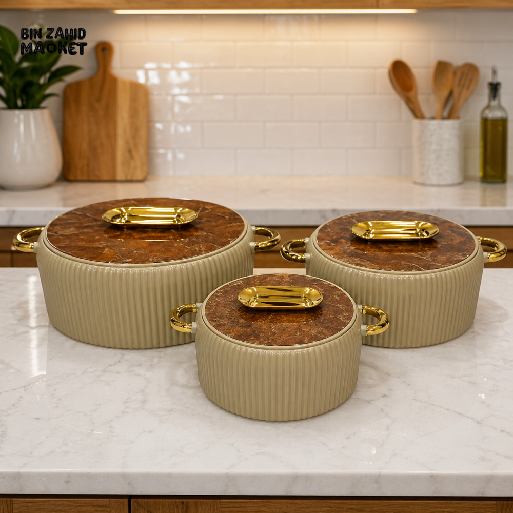 COFFEE BROWN MARBLE CERAMIC CASSEROLE SET WITH GOLD HANDLES – 3 PIECE LUXURY KITCHEN SERVING POTS - COFFEE