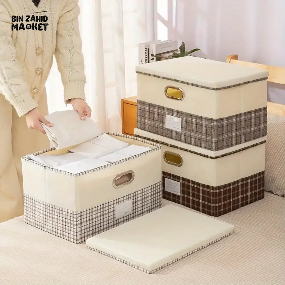 COLLAPSIBLE LINEN STORAGE BOX WITH LID & HANDLES – MULTI-PURPOSE PLAID FABRIC ORGANIZER FOR CLOTHES, TOYS & BOOKS