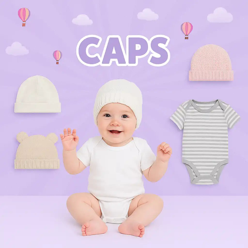 A collection of baby caps and bodysuits with a smiling baby wearing a white cap.