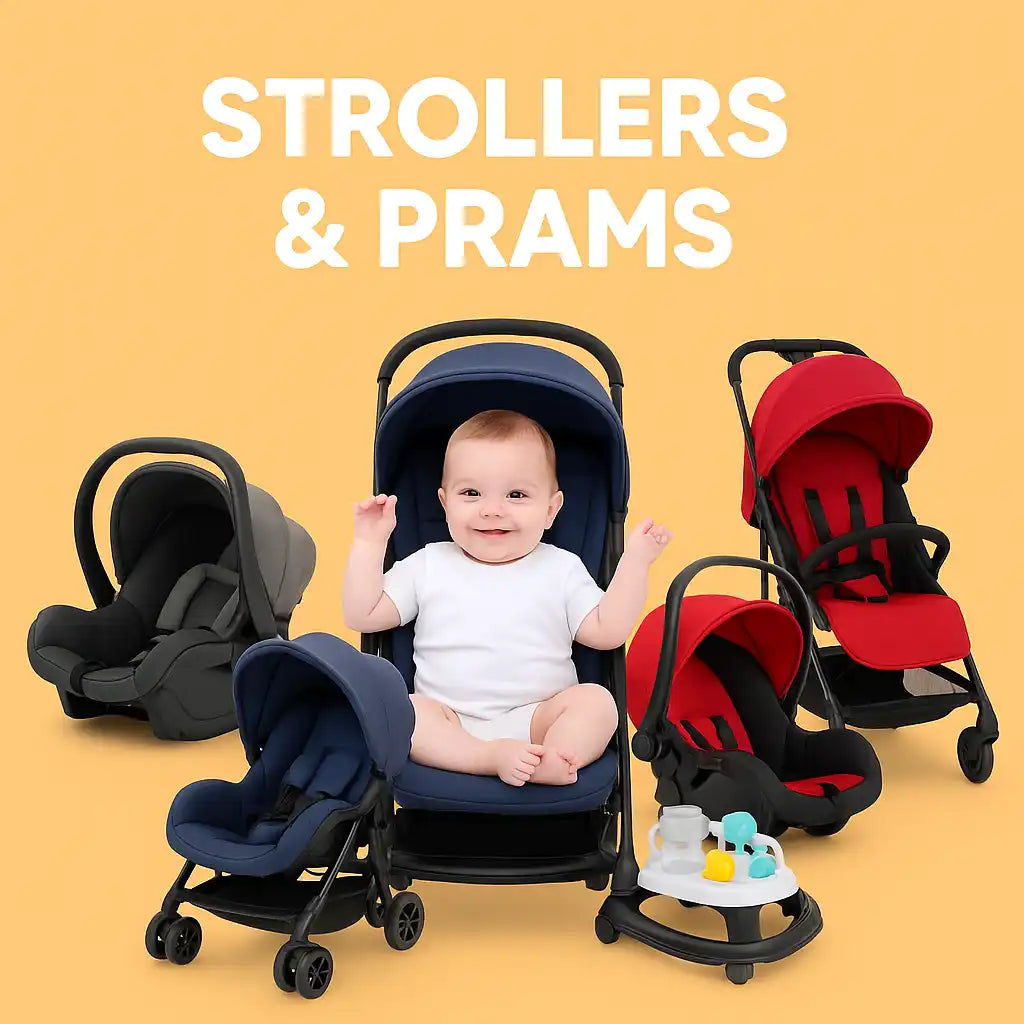 A collection of baby strollers, prams, and car seats in various colors.