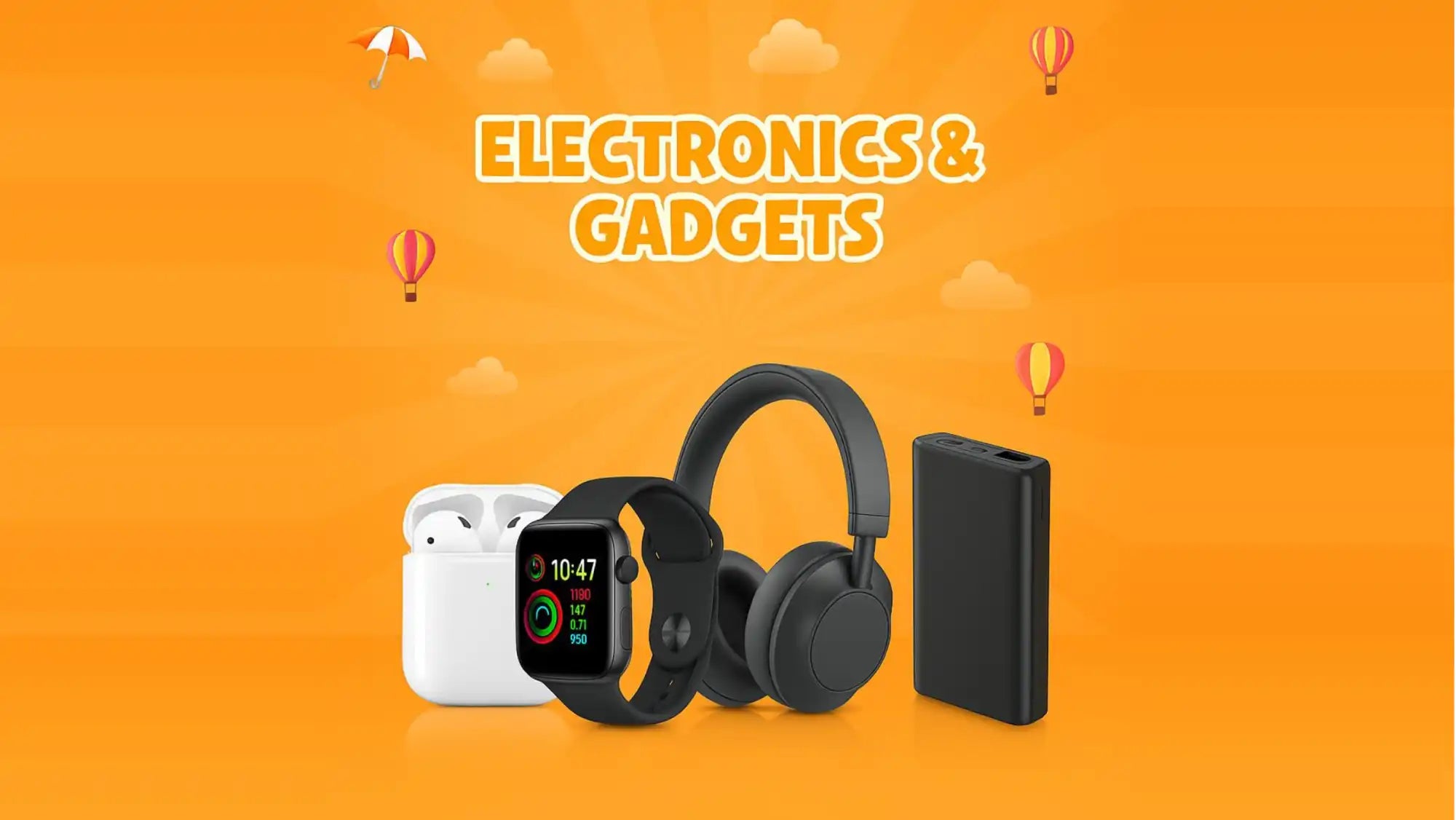 A collection of black and white personal electronic gadgets.