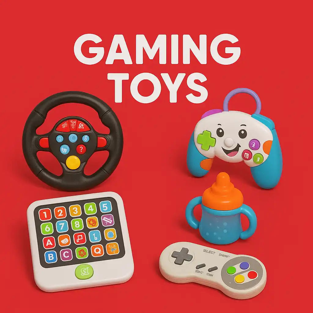 A collection of brightly colored gaming-themed toys for babies and young children.