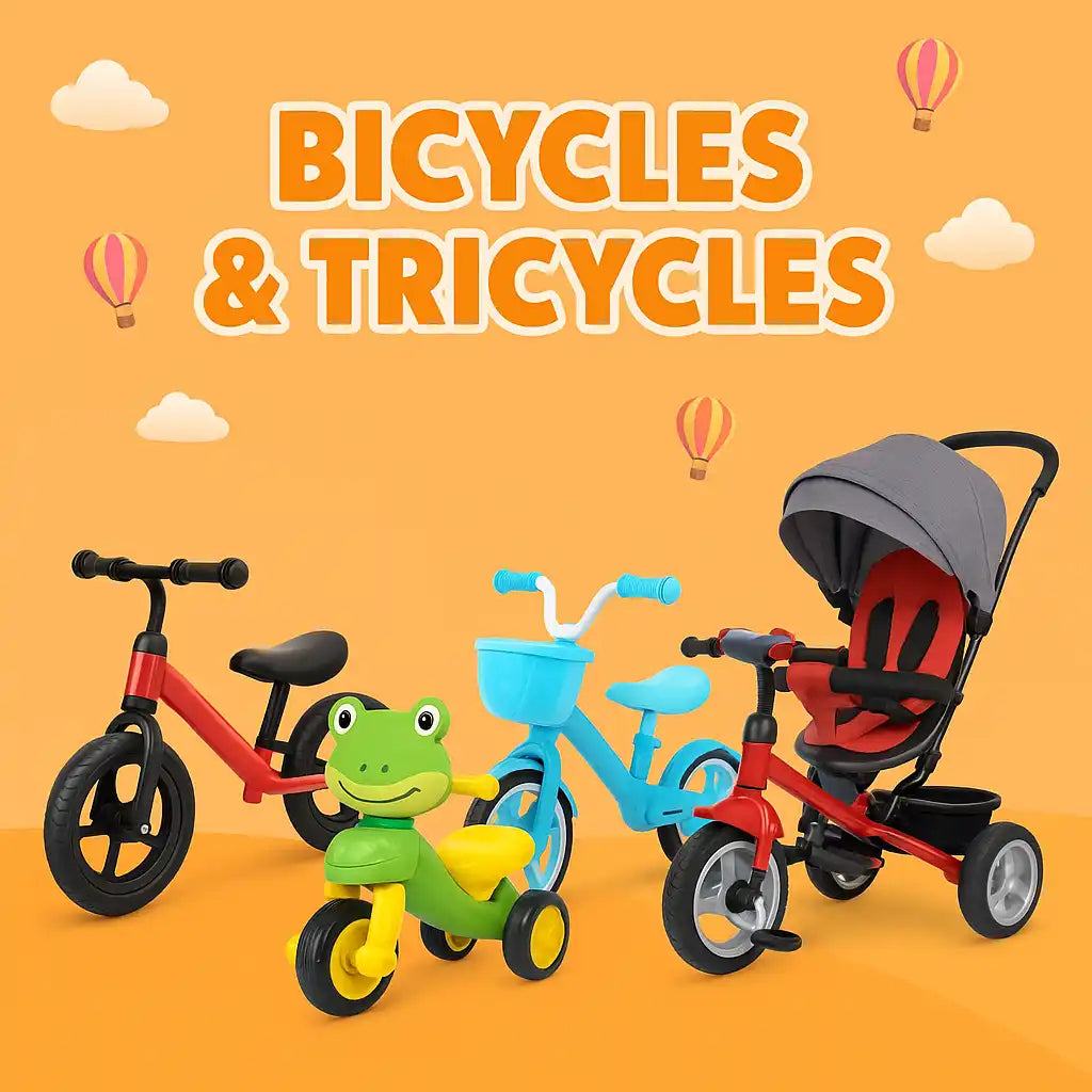 A collection of children’s bicycles and tricycles.