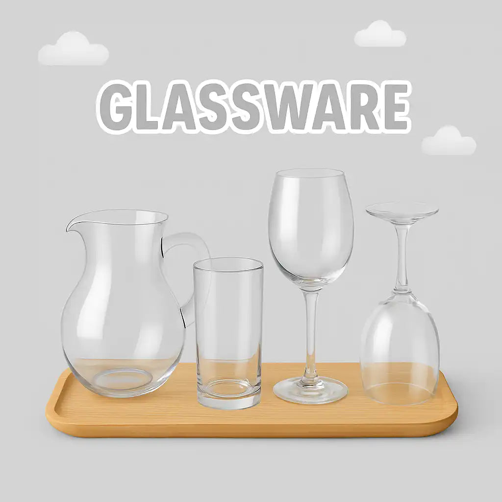 A collection of clear glass drinkware including a pitcher, a tumbler, and two wine glasses.