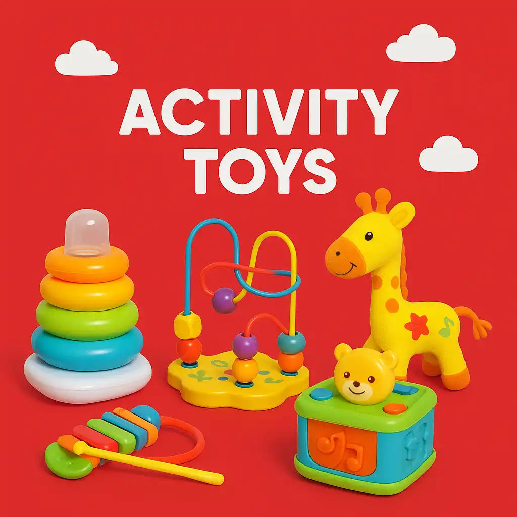 A collection of colorful activity toys for infants.