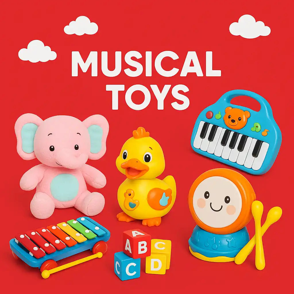 A collection of colorful musical toys for children.