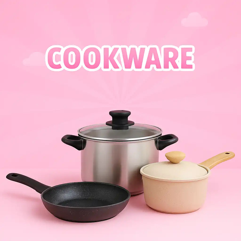 A collection of cookware including a stainless steel pot with a glass lid, a non-stick frying pan, and a beige saucepan with a wooden handle and lid.