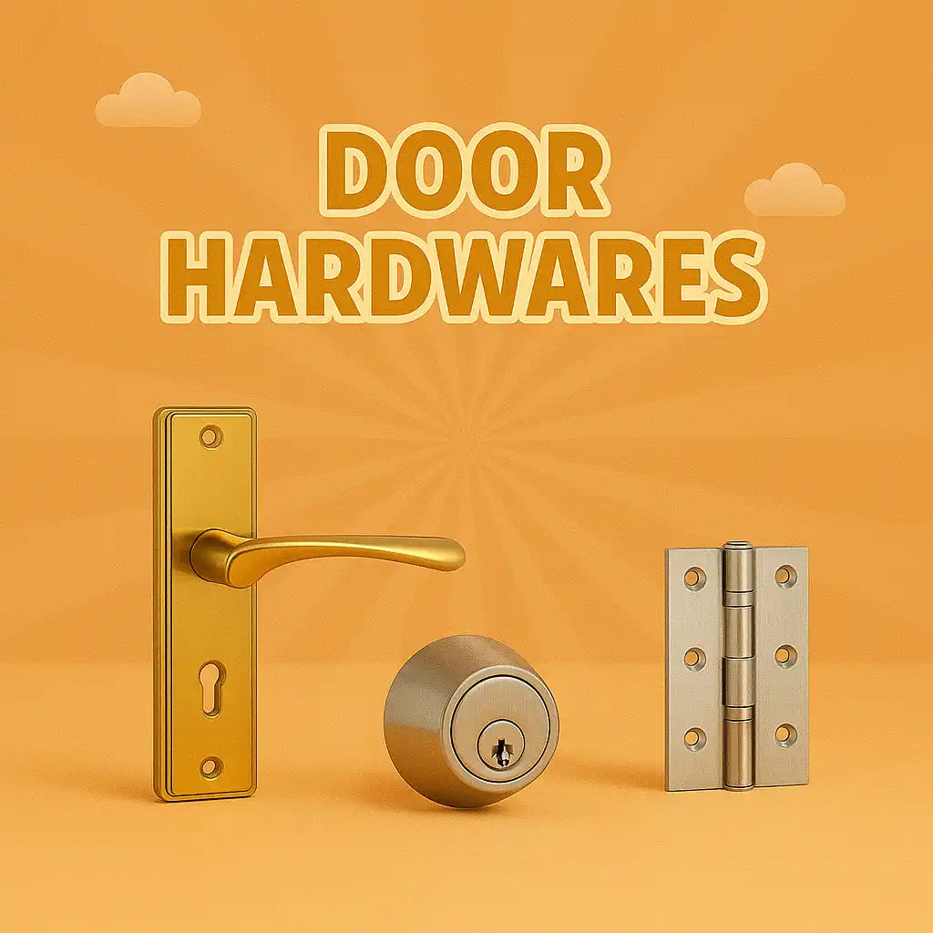 A collection of door hardware including a golden lever handle, a deadbolt, and a hinge.