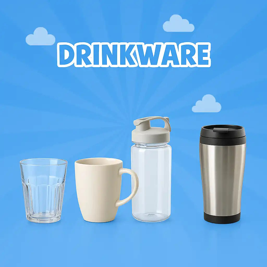 A collection of drinkware including a glass, a ceramic mug, a clear water bottle, and a stainless steel travel mug.