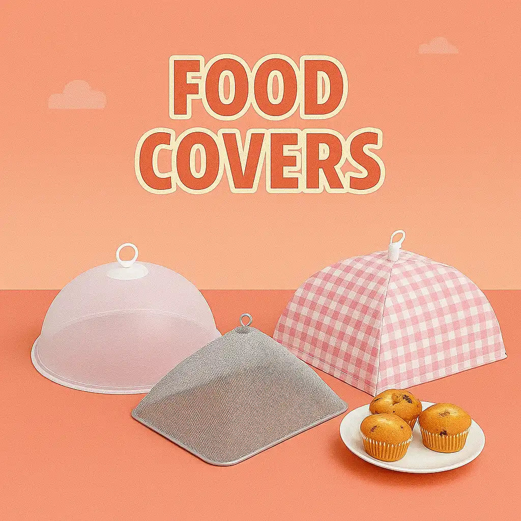 A collection of food covers in various styles, including a clear plastic dome, a gray mesh tent, and a pink gingham collapsible cover.