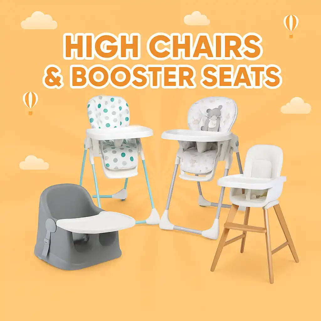 A collection of high chairs and booster seats for babies and toddlers.