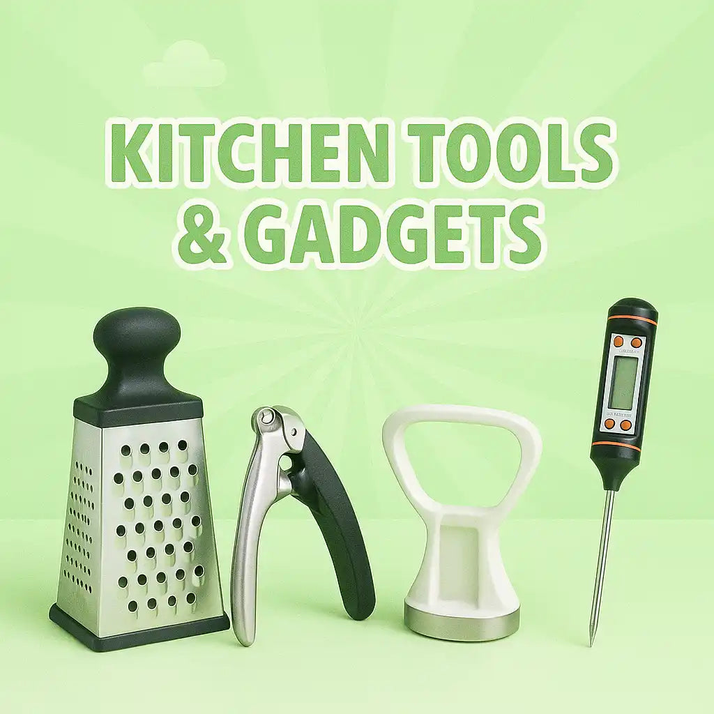 A collection of kitchen tools including a grater, a nutcracker, a garlic press or similar crushing tool, and a digital meat thermometer.