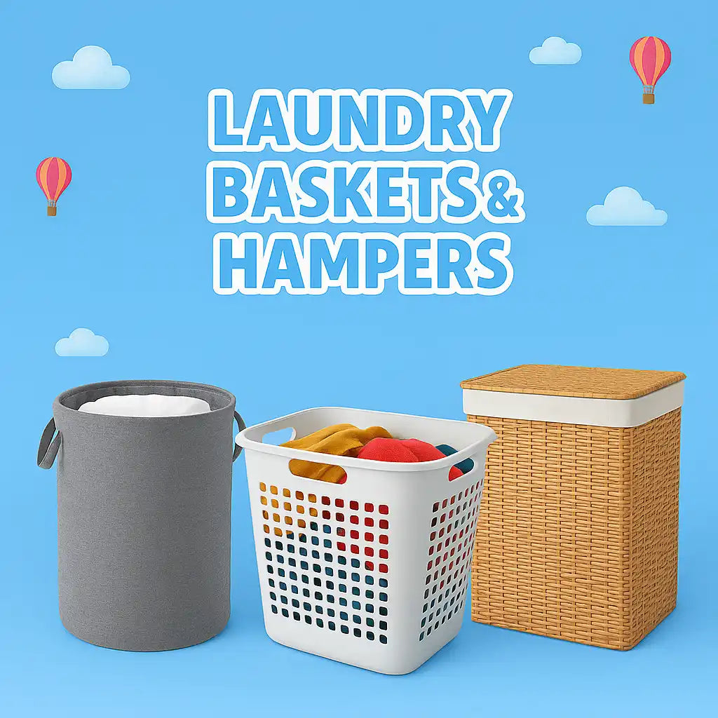 A collection of laundry baskets and hampers.
