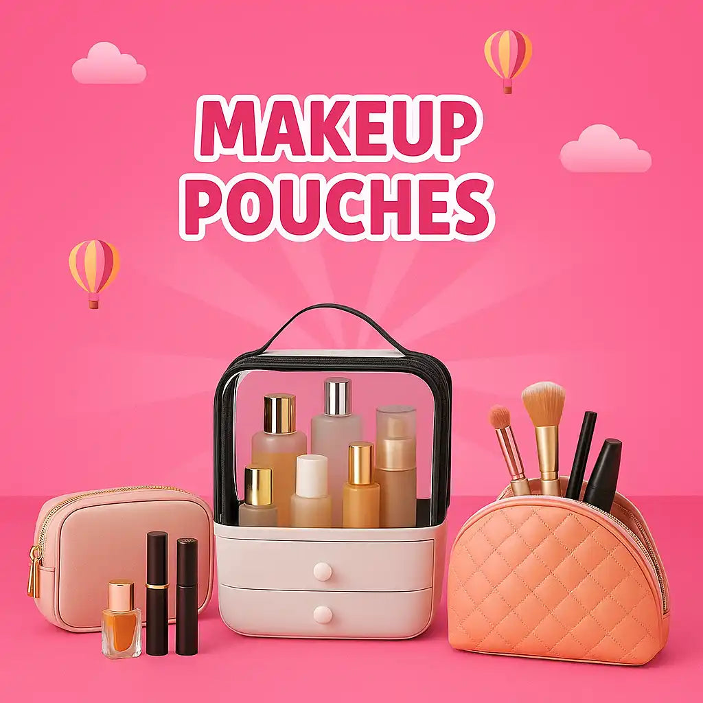 A collection of makeup pouches and organizers in various styles and materials.