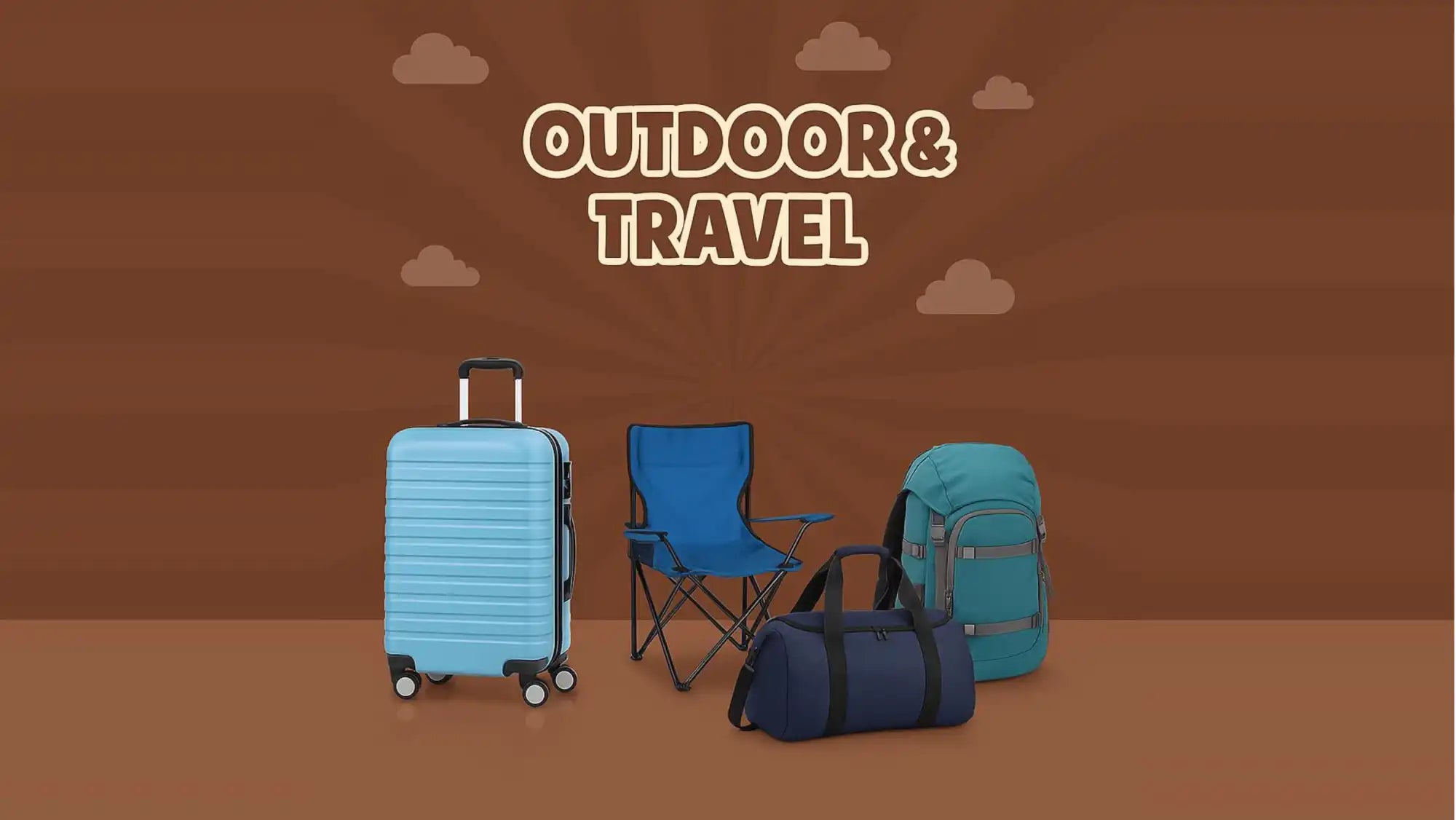 A collection of outdoor and travel gear including luggage, a duffel bag, a backpack, and a folding chair.