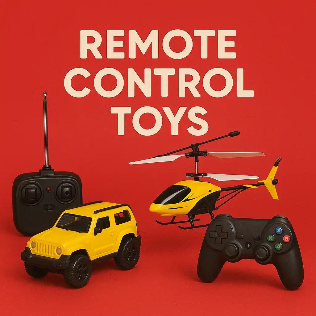 A collection of remote control toys including a yellow jeep, a yellow helicopter, and two remote controllers.