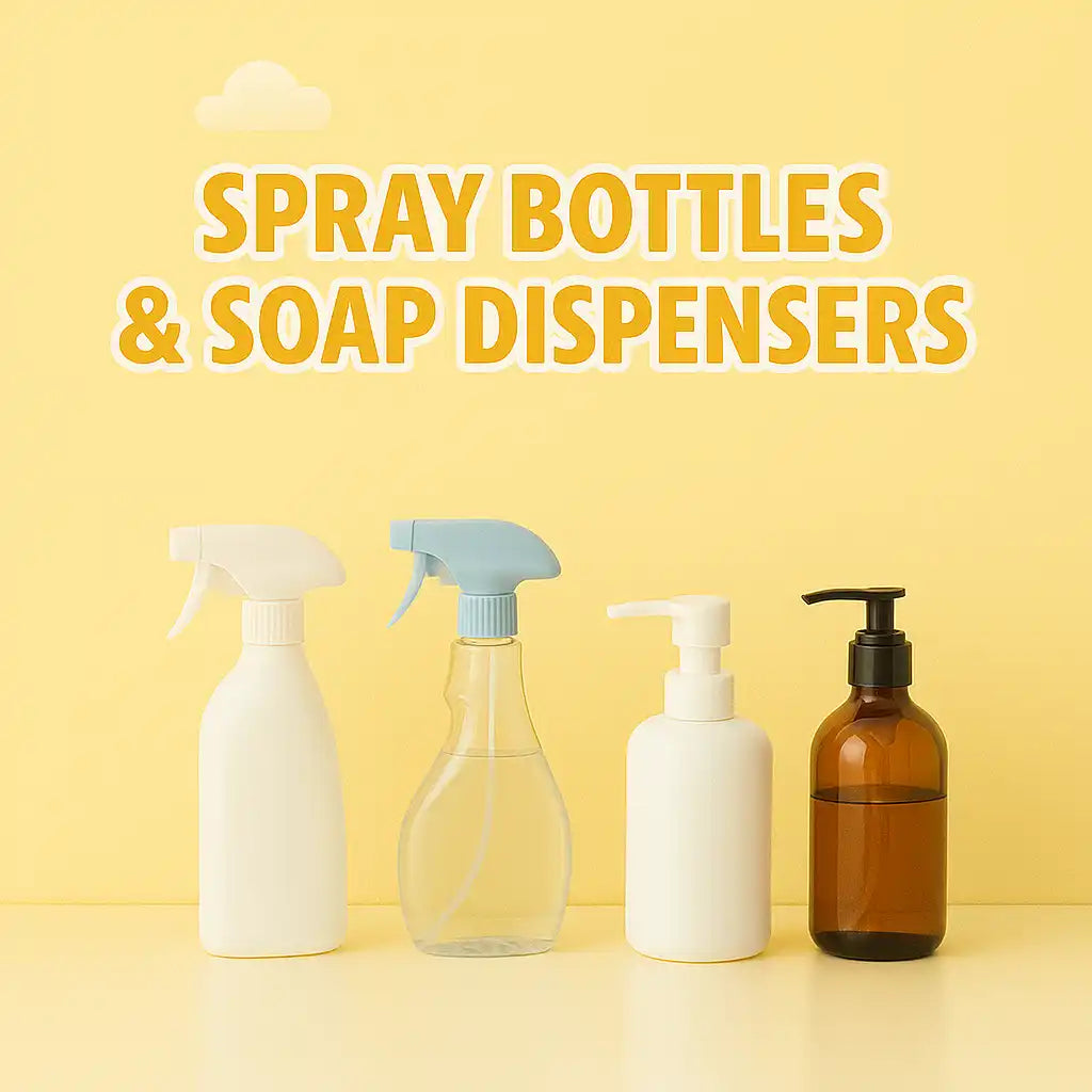 A collection of spray bottles and soap dispensers.