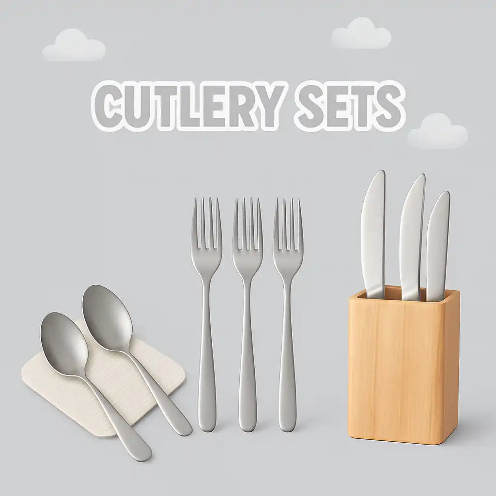 A collection of stainless steel cutlery, including spoons, forks, and knives in a wooden block.