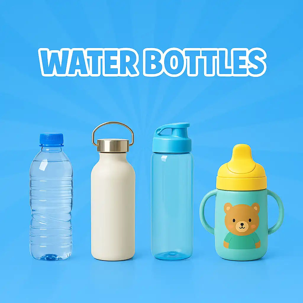 A collection of water bottles for various uses, including a plastic disposable bottle, an insulated metal bottle, a clear sports bottle, and a children’s sippy cup.