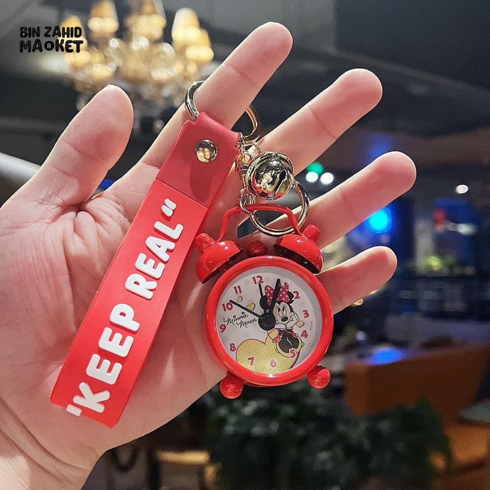 COLORFUL MINI ALARM CLOCK KEYCHAIN WITH "KEEP REAL" STRAP – CUTE CARTOON DESIGN ACCESSORY