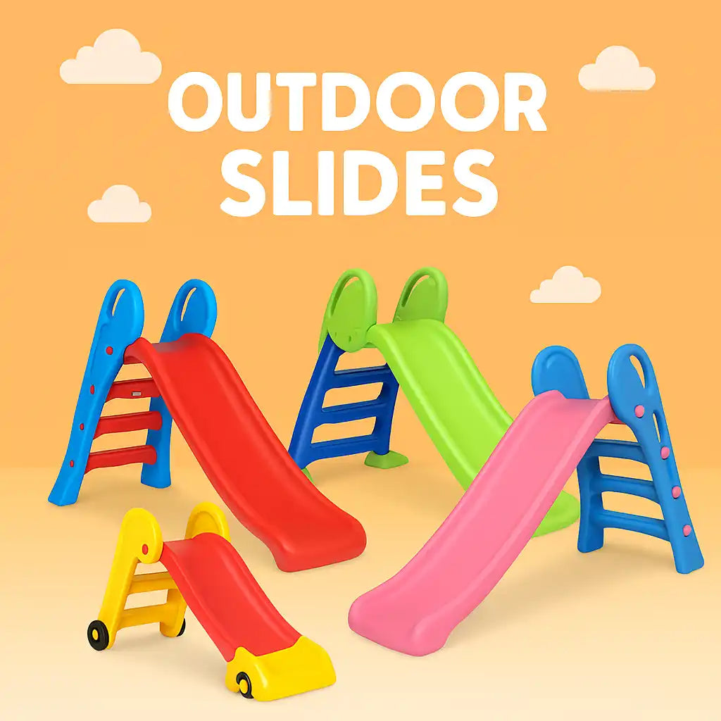 Colorful plastic outdoor slides for children.