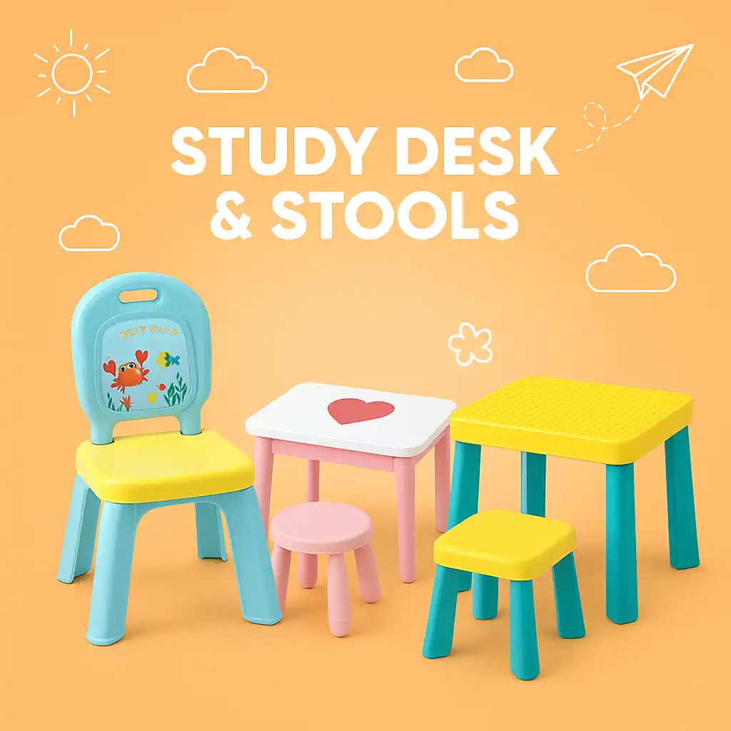 Colorful plastic study desk and stools for children.